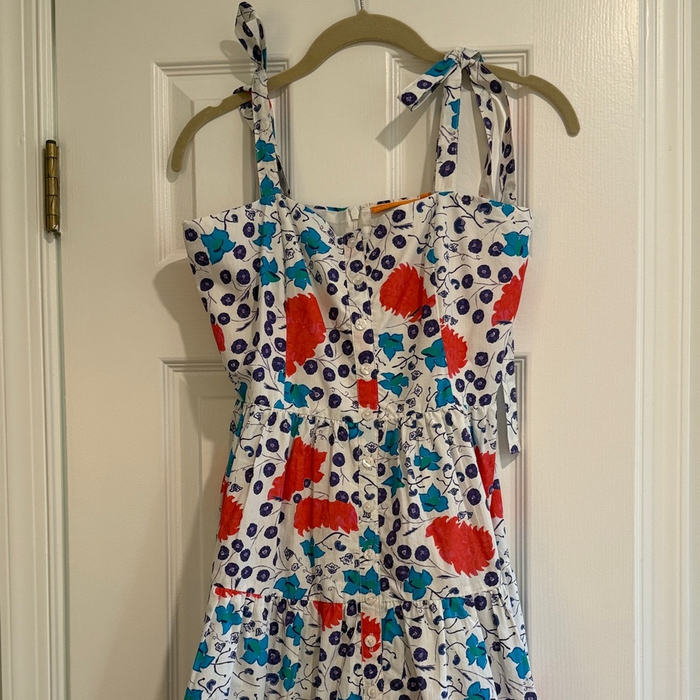 Oliphant Floral Maxi Dress with tie strap and back zipper. Buttons down front